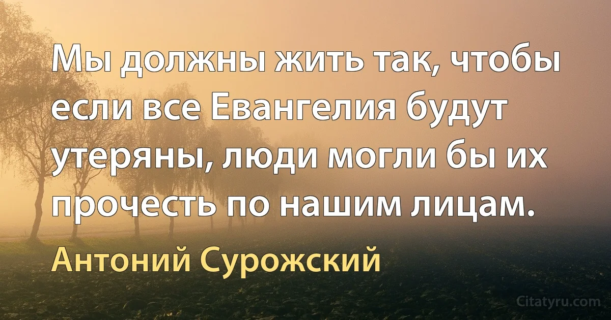 Мы должны жить так, чтобы если все Евангелия будут утеряны, люди могли бы их прочесть по нашим лицам. (Антоний Сурожский)