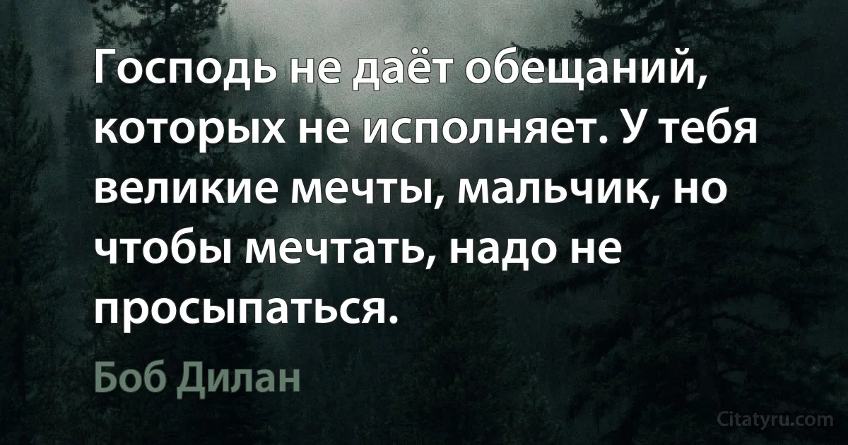 Господь не даёт обещаний, которых не исполняет. У тебя великие мечты, мальчик, но чтобы мечтать, надо не просыпаться. (Боб Дилан)