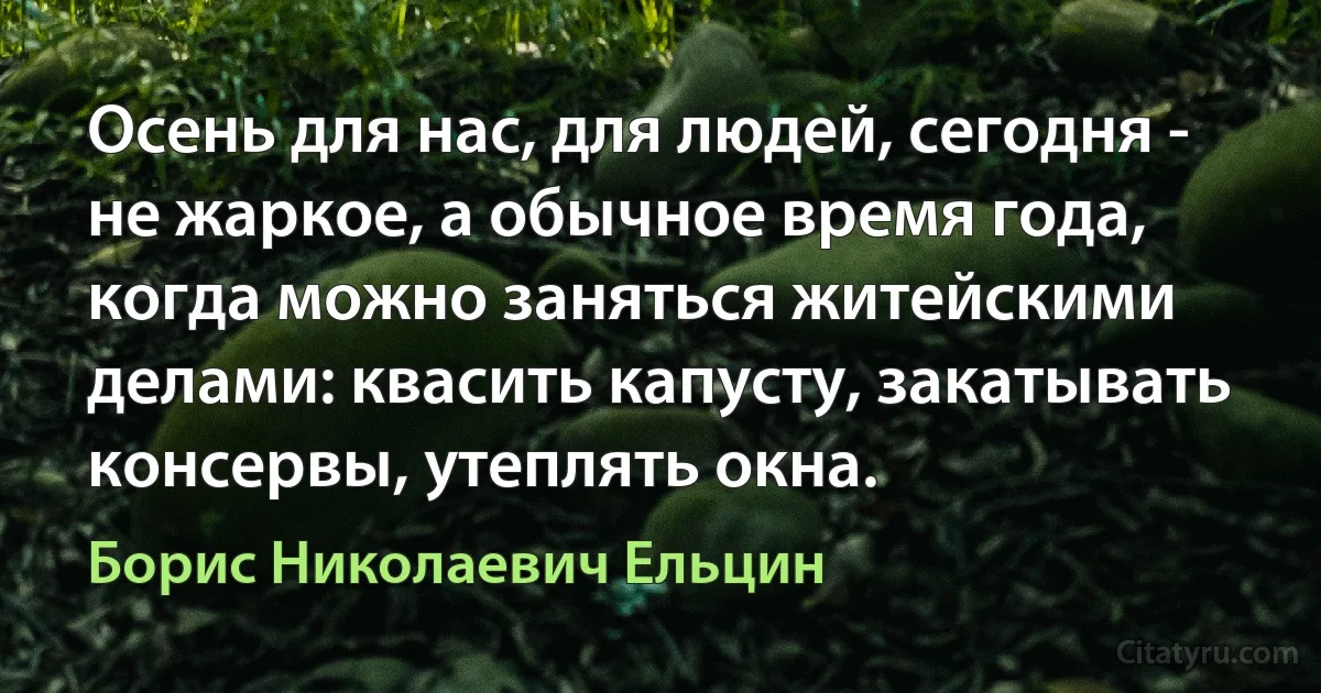 Осень для нас, для людей, сегодня - не жаркое, а обычное время года, когда можно заняться житейскими делами: квасить капусту, закатывать консервы, утеплять окна. (Борис Николаевич Ельцин)