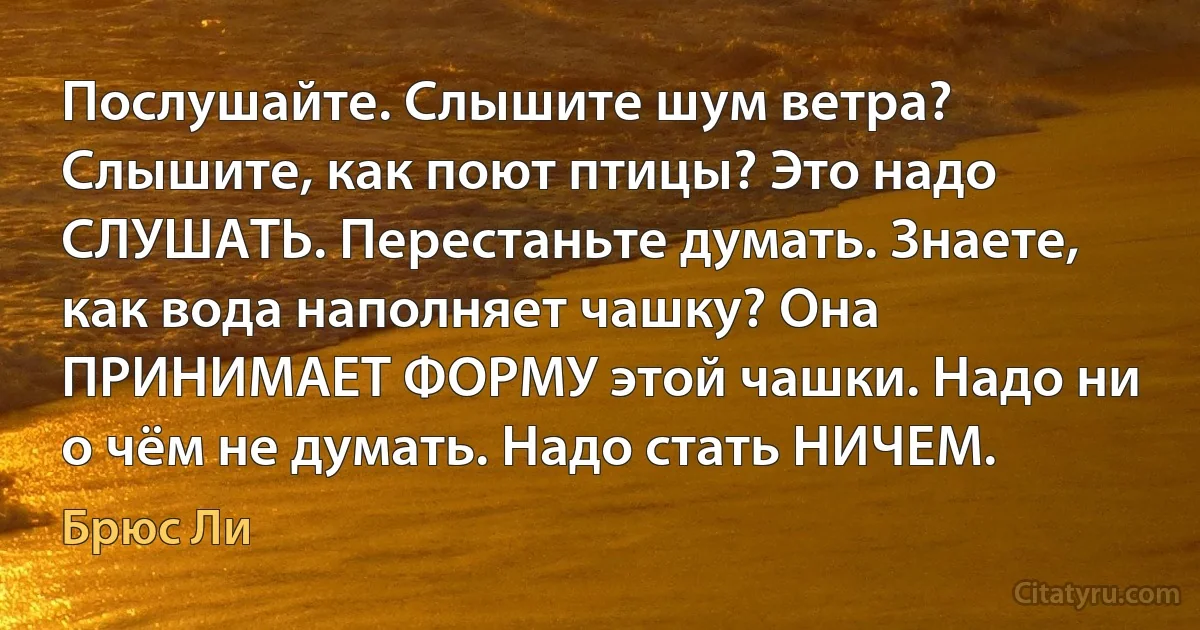 Послушайте. Слышите шум ветра? Слышите, как поют птицы? Это надо СЛУШАТЬ. Перестаньте думать. Знаете, как вода наполняет чашку? Она ПРИНИМАЕТ ФОРМУ этой чашки. Надо ни о чём не думать. Надо стать НИЧЕМ. (Брюс Ли)