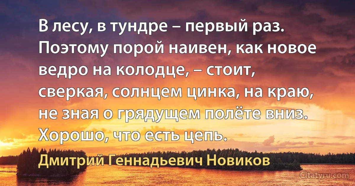 В лесу, в тундре – первый раз. Поэтому порой наивен, как новое ведро на колодце, – стоит, сверкая, солнцем цинка, на краю, не зная о грядущем полёте вниз. Хорошо, что есть цепь. (Дмитрий Геннадьевич Новиков)