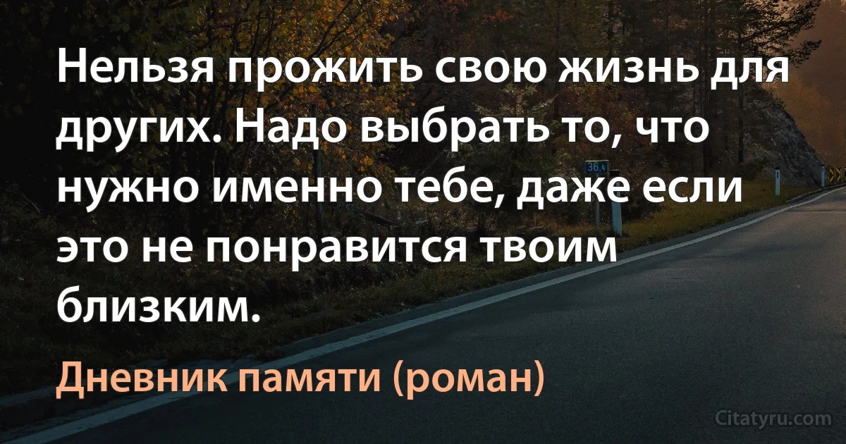 Нельзя прожить свою жизнь для других. Надо выбрать то, что нужно именно тебе, даже если это не понравится твоим близким. (Дневник памяти (роман))