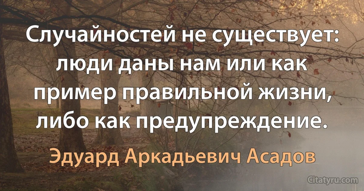 Случайностей не существует: люди даны нам или как пример правильной жизни, либо как предупреждение. (Эдуард Аркадьевич Асадов)