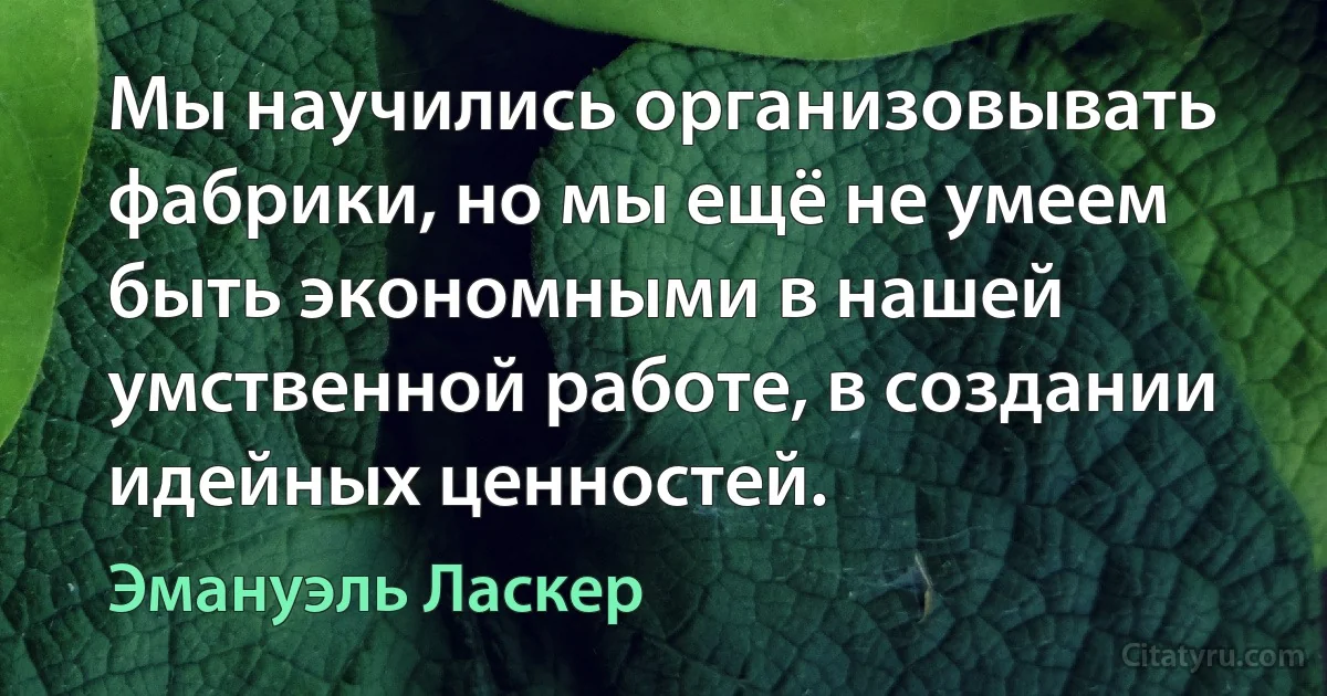 Мы научились организовывать фабрики, но мы ещё не умеем быть экономными в нашей умственной работе, в создании идейных ценностей. (Эмануэль Ласкер)