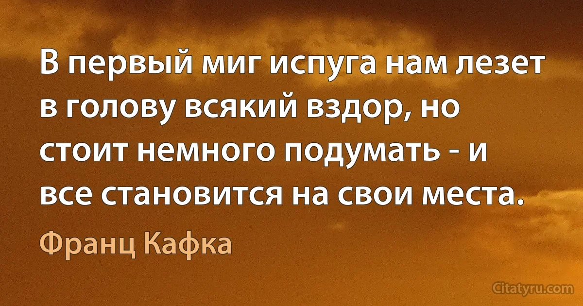 В первый миг испуга нам лезет в голову всякий вздор, но стоит немного подумать - и все становится на свои места. (Франц Кафка)