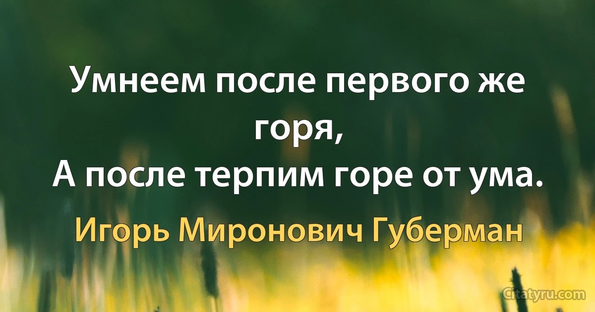 Умнеем после первого же горя,
А после терпим горе от ума. (Игорь Миронович Губерман)