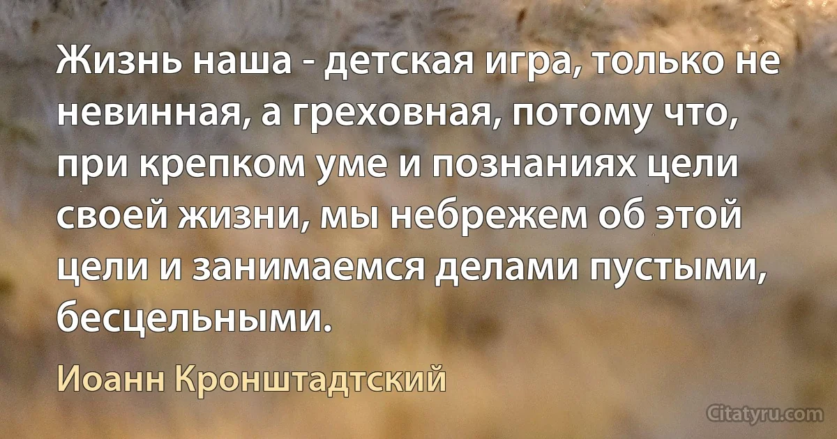 Жизнь наша - детская игра, только не невинная, а греховная, потому что, при крепком уме и познаниях цели своей жизни, мы небрежем об этой цели и занимаемся делами пустыми, бесцельными. (Иоанн Кронштадтский)