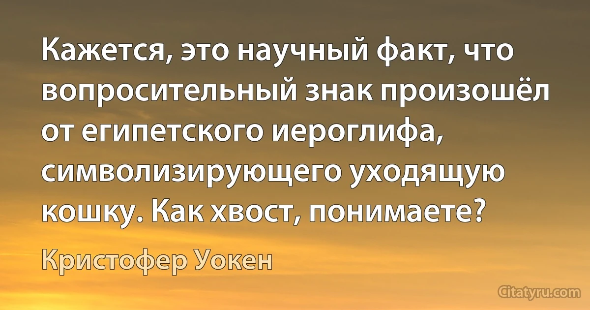 Кажется, это научный факт, что вопросительный знак произошёл от египетского иероглифа, символизирующего уходящую кошку. Как хвост, понимаете? (Кристофер Уокен)