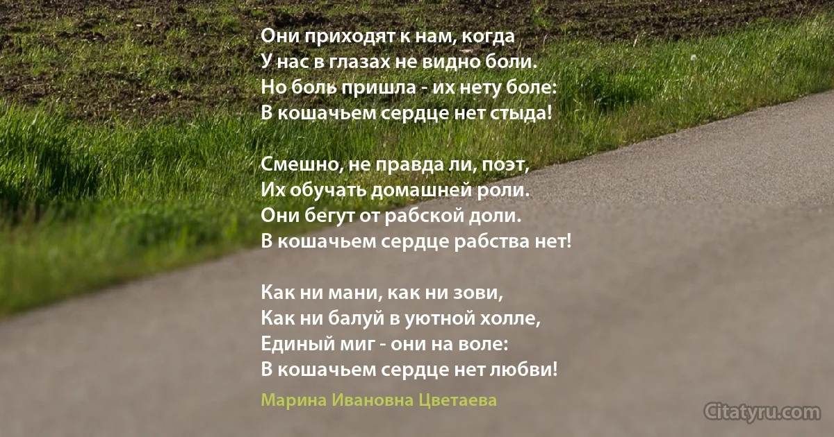 Они приходят к нам, когда 
У нас в глазах не видно боли.
Но боль пришла - их нету боле:
В кошачьем сердце нет стыда!

Смешно, не правда ли, поэт, 
Их обучать домашней роли.
Они бегут от рабской доли.
В кошачьем сердце рабства нет!

Как ни мани, как ни зови, 
Как ни балуй в уютной холле, 
Единый миг - они на воле:
В кошачьем сердце нет любви! (Марина Ивановна Цветаева)