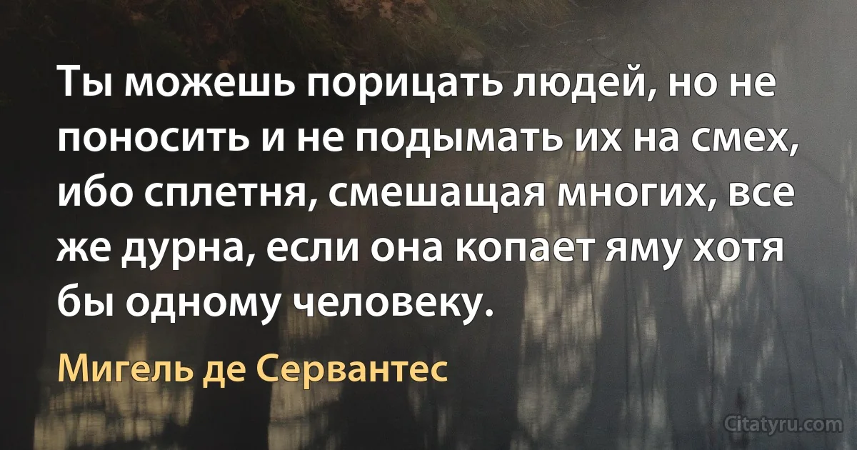 Ты можешь порицать людей, но не поносить и не подымать их на смех, ибо сплетня, смешащая многих, все же дурна, если она копает яму хотя бы одному человеку. (Мигель де Сервантес)