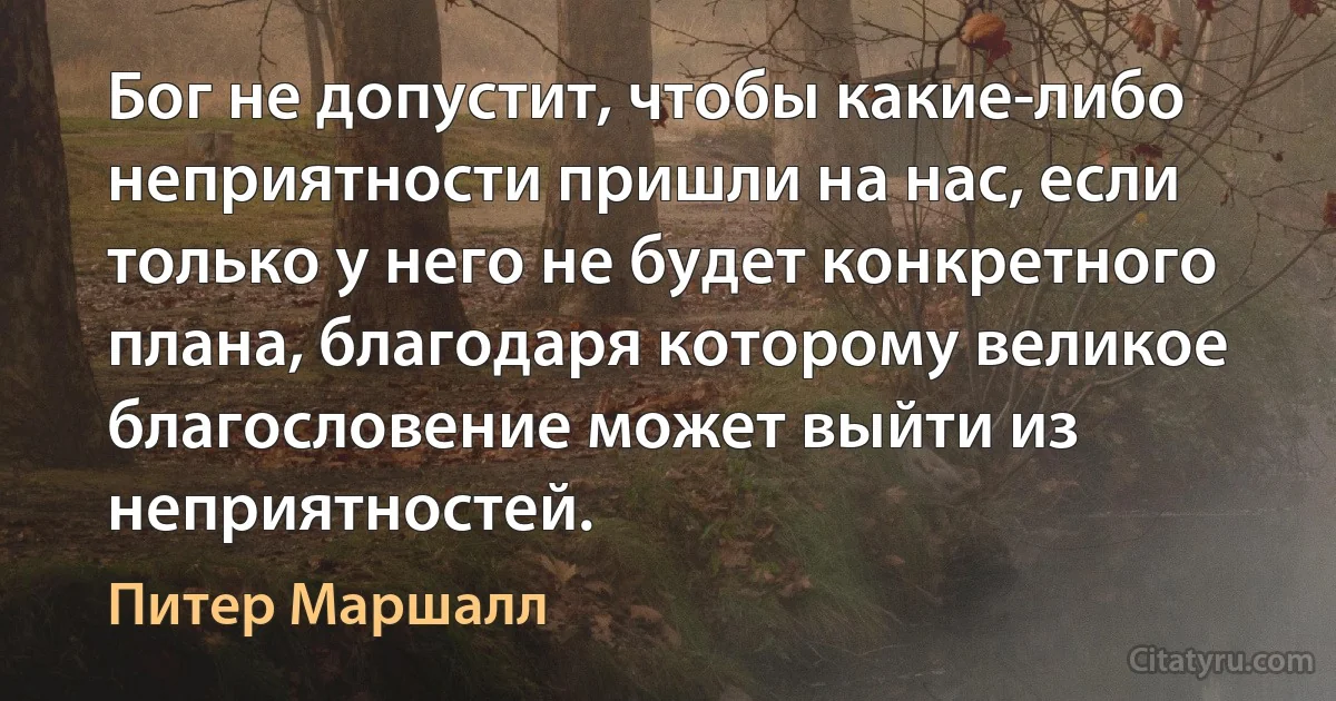 Бог не допустит, чтобы какие-либо неприятности пришли на нас, если только у него не будет конкретного плана, благодаря которому великое благословение может выйти из неприятностей. (Питер Маршалл)