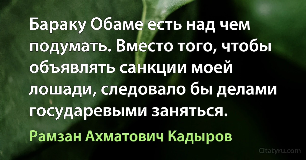 Бараку Обаме есть над чем подумать. Вместо того, чтобы объявлять санкции моей лошади, следовало бы делами государевыми заняться. (Рамзан Ахматович Кадыров)