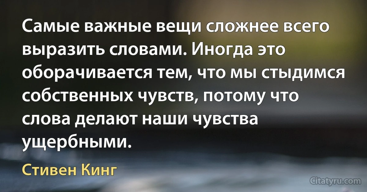 Самые важные вещи сложнее всего выразить словами. Иногда это оборачивается тем, что мы стыдимся собственных чувств, потому что слова делают наши чувства ущербными. (Стивен Кинг)