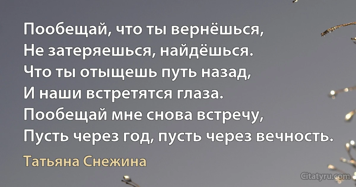 Пообещай, что ты вернёшься,
Не затеряешься, найдёшься.
Что ты отыщешь путь назад,
И наши встретятся глаза.
Пообещай мне снова встречу,
Пусть через год, пусть через вечность. (Татьяна Снежина)