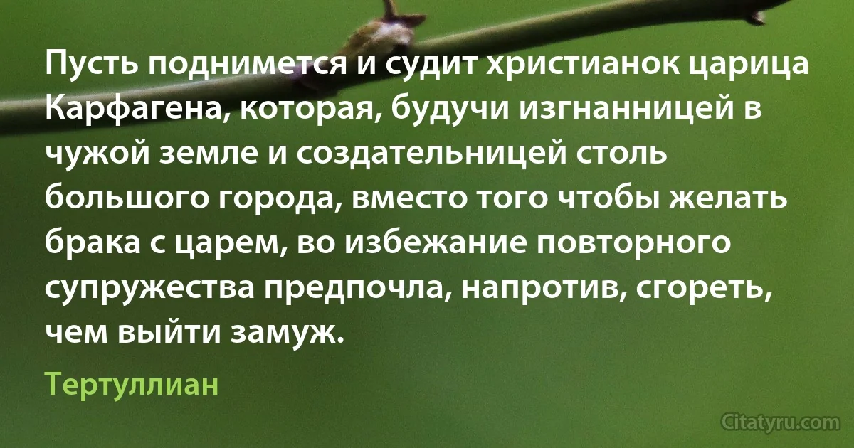 Пусть поднимется и судит христианок царица Карфагена, которая, будучи изгнанницей в чужой земле и создательницей столь большого города, вместо того чтобы желать брака с царем, во избежание повторного супружества предпочла, напротив, сгореть, чем выйти замуж. (Тертуллиан)