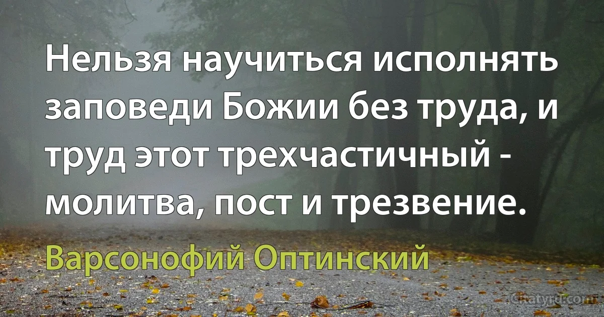 Нельзя научиться исполнять заповеди Божии без труда, и труд этот трехчастичный - молитва, пост и трезвение. (Варсонофий Оптинский)