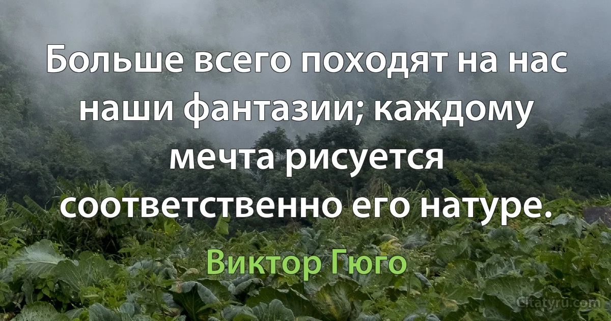 Больше всего походят на нас наши фантазии; каждому мечта рисуется
соответственно его натуре. (Виктор Гюго)