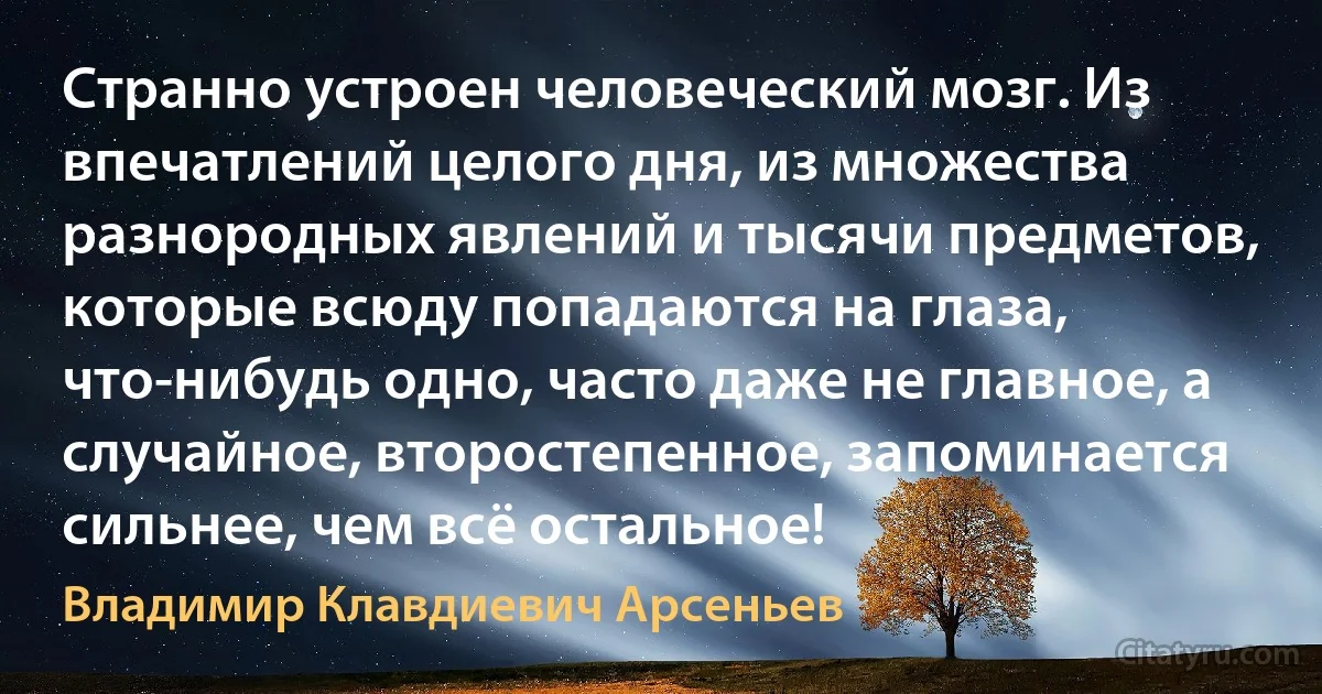 Странно устроен человеческий мозг. Из впечатлений целого дня, из множества разнородных явлений и тысячи предметов, которые всюду попадаются на глаза, что-нибудь одно, часто даже не главное, а случайное, второстепенное, запоминается сильнее, чем всё остальное! (Владимир Клавдиевич Арсеньев)