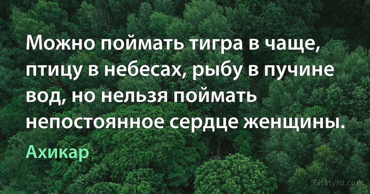 Можно поймать тигра в чаще, птицу в небесах, рыбу в пучине вод, но нельзя поймать непостоянное сердце женщины. (Ахикар)