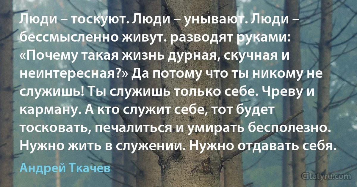 Люди – тоскуют. Люди – унывают. Люди – бессмысленно живут. разводят руками: «Почему такая жизнь дурная, скучная и неинтересная?» Да потому что ты никому не служишь! Ты служишь только себе. Чреву и карману. А кто служит себе, тот будет тосковать, печалиться и умирать бесполезно. Нужно жить в служении. Нужно отдавать себя. (Андрей Ткачев)