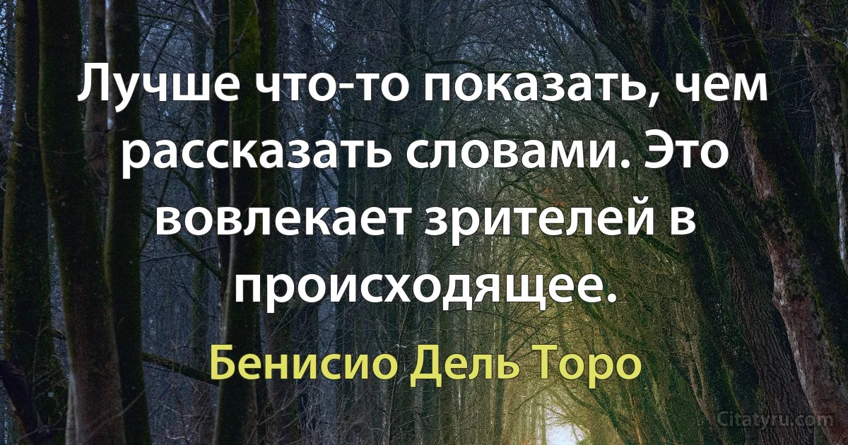 Лучше что-то показать, чем рассказать словами. Это вовлекает зрителей в происходящее. (Бенисио Дель Торо)