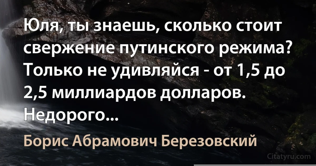 Юля, ты знаешь, сколько стоит свержение путинского режима? Только не удивляйся - от 1,5 до 2,5 миллиардов долларов. Недорого... (Борис Абрамович Березовский)