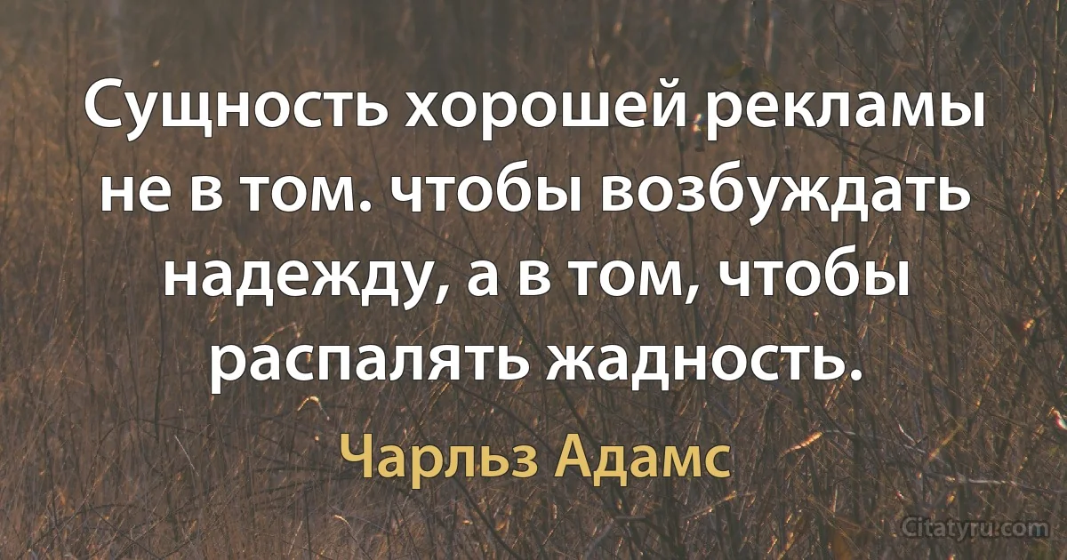 Сущность хорошей рекламы не в том. чтобы возбуждать надежду, а в том, чтобы распалять жадность. (Чарльз Адамс)