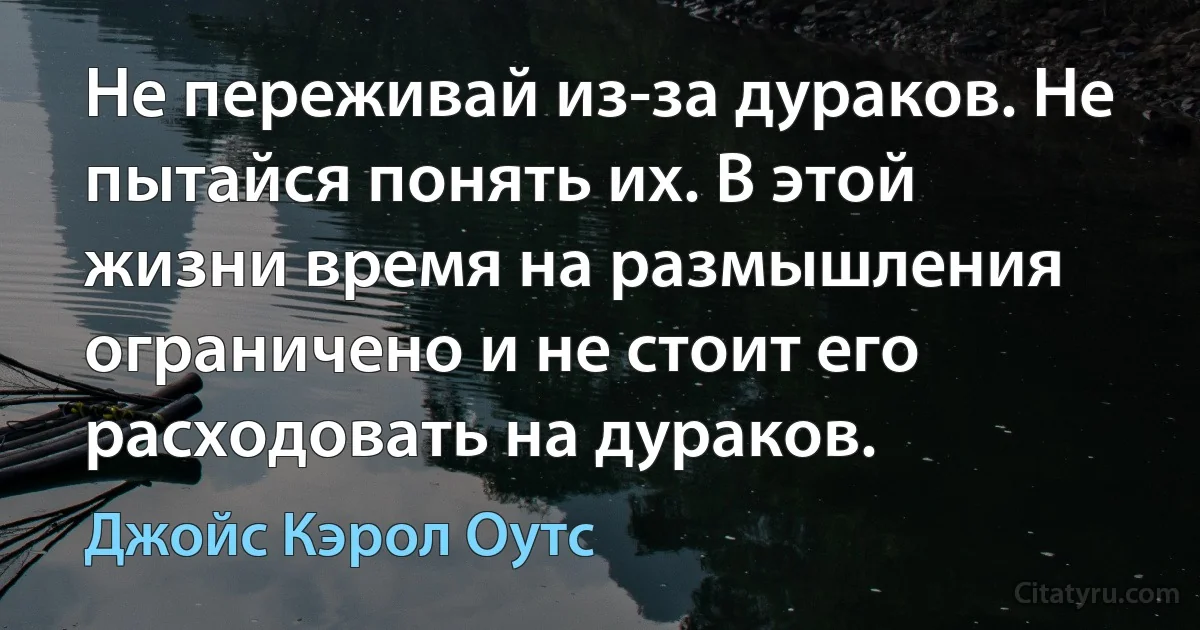 Не переживай из-за дураков. Не пытайся понять их. В этой жизни время на размышления ограничено и не стоит его расходовать на дураков. (Джойс Кэрол Оутс)