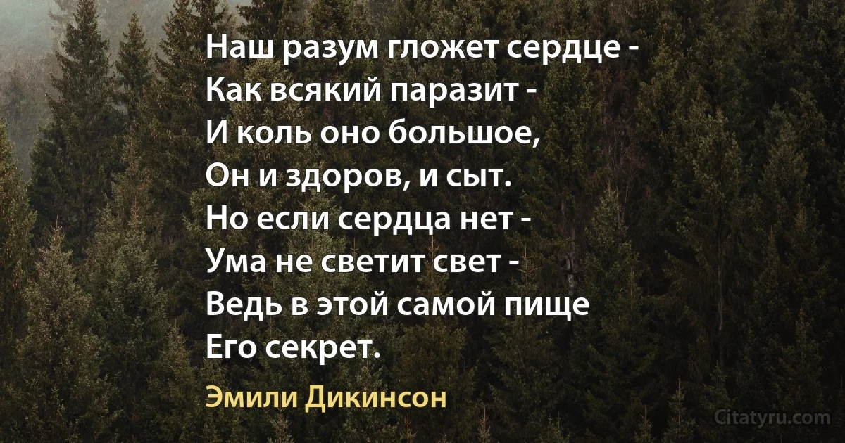 Наш разум гложет сердце -
Как всякий паразит -
И коль оно большое,
Он и здоров, и сыт.
Но если сердца нет -
Ума не светит свет -
Ведь в этой самой пище
Его секрет. (Эмили Дикинсон)