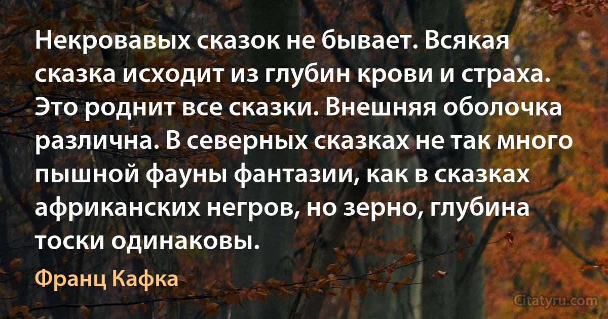 Некровавых сказок не бывает. Всякая сказка исходит из глубин крови и страха. Это роднит все сказки. Внешняя оболочка различна. В северных сказках не так много пышной фауны фантазии, как в сказках африканских негров, но зерно, глубина тоски одинаковы. (Франц Кафка)