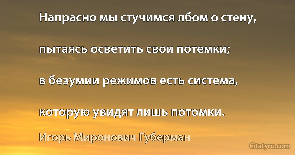 Напрасно мы стучимся лбом о стену,

пытаясь осветить свои потемки;

в безумии режимов есть система,

которую увидят лишь потомки. (Игорь Миронович Губерман)