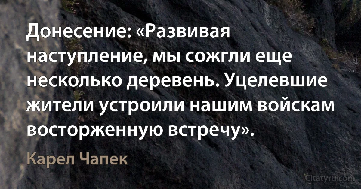 Донесение: «Развивая наступление, мы сожгли еще несколько деревень. Уцелевшие жители устроили нашим войскам восторженную встречу». (Карел Чапек)