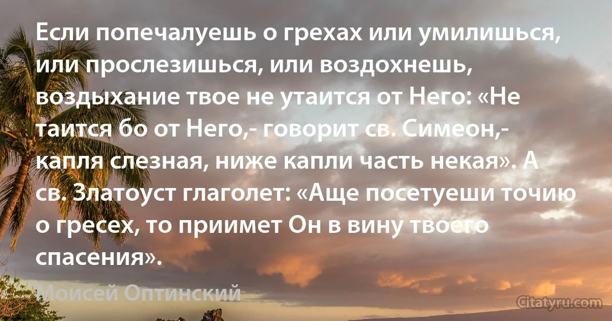 Если попечалуешь о грехах или умилишься, или прослезишься, или воздохнешь, воздыхание твое не утаится от Него: «Не таится бо от Него,- говорит св. Симеон,- капля слезная, ниже капли часть некая». А св. Златоуст глаголет: «Аще посетуеши точию о гресех, то приимет Он в вину твоего спасения». (Моисей Оптинский)