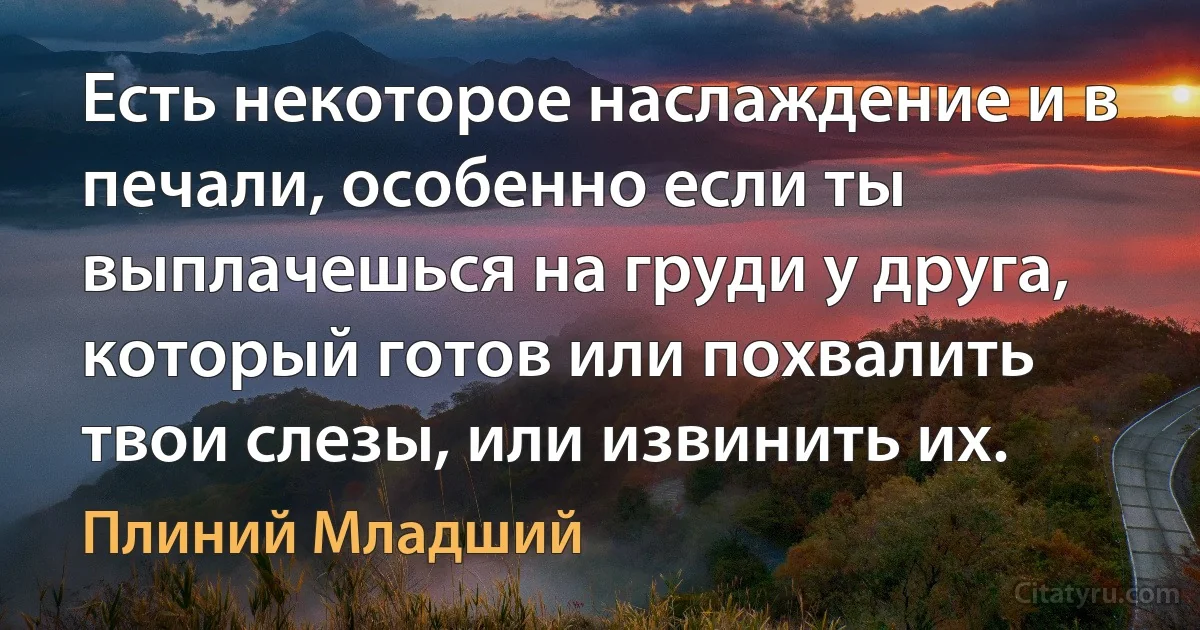 Есть некоторое наслаждение и в печали, особенно если ты выплачешься на груди у друга, который готов или похвалить твои слезы, или извинить их. (Плиний Младший)