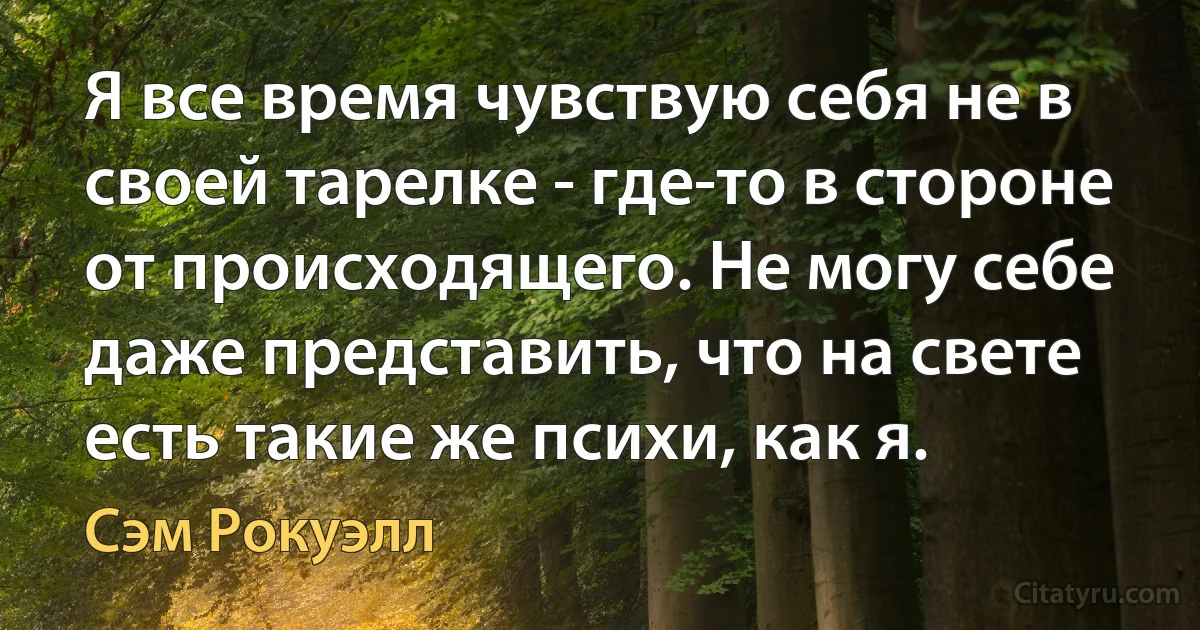 Я все время чувствую себя не в своей тарелке - где-то в стороне от происходящего. Не могу себе даже представить, что на свете есть такие же психи, как я. (Сэм Рокуэлл)