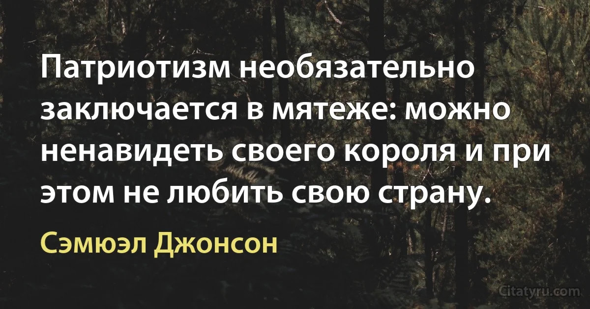 Патриотизм необязательно заключается в мятеже: можно ненавидеть своего короля и при этом не любить свою страну. (Сэмюэл Джонсон)