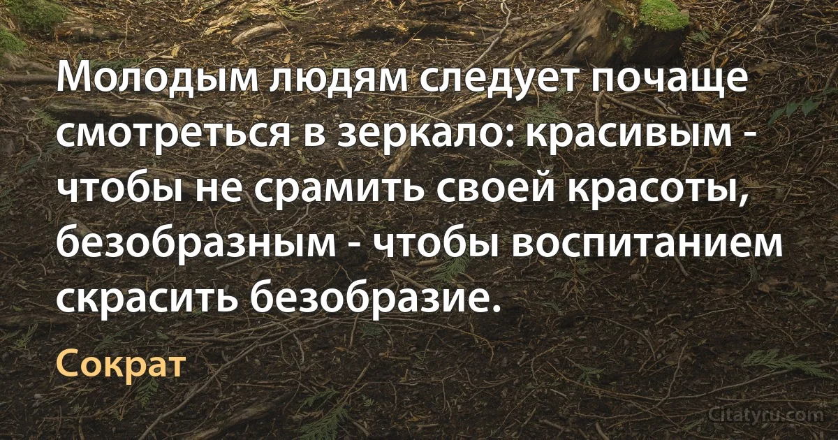 Молодым людям следует почаще смотреться в зеркало: красивым - чтобы не срамить своей красоты, безобразным - чтобы воспитанием скрасить безобразие. (Сократ)