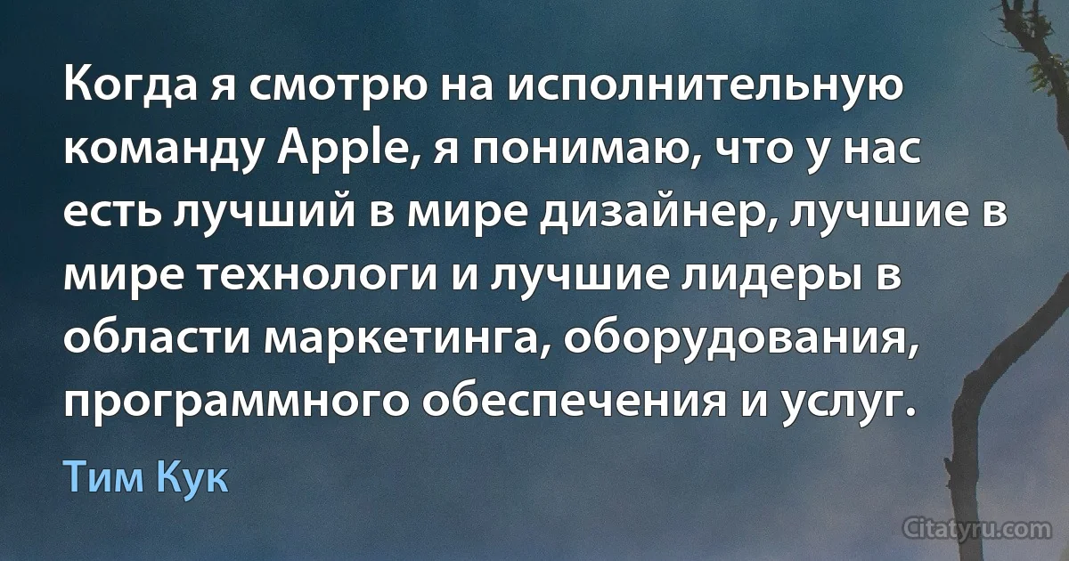 Когда я смотрю на исполнительную команду Apple, я понимаю, что у нас есть лучший в мире дизайнер, лучшие в мире технологи и лучшие лидеры в области маркетинга, оборудования, программного обеспечения и услуг. (Тим Кук)