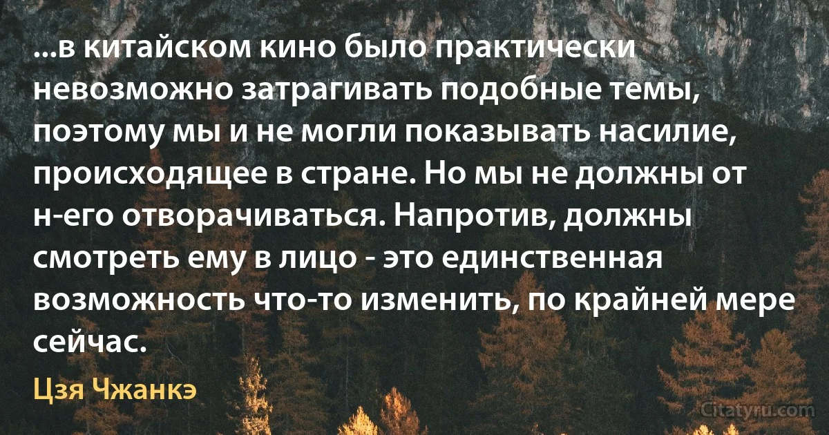 ...в китайском кино было практически невозможно затрагивать подобные темы, поэтому мы и не могли показывать насилие, происходящее в стране. Но мы не должны от н­его отворачиваться. Напротив, должны смотреть ему в лицо - это единственная возможность что-то изменить, по крайней мере сейчас. (Цзя Чжанкэ)