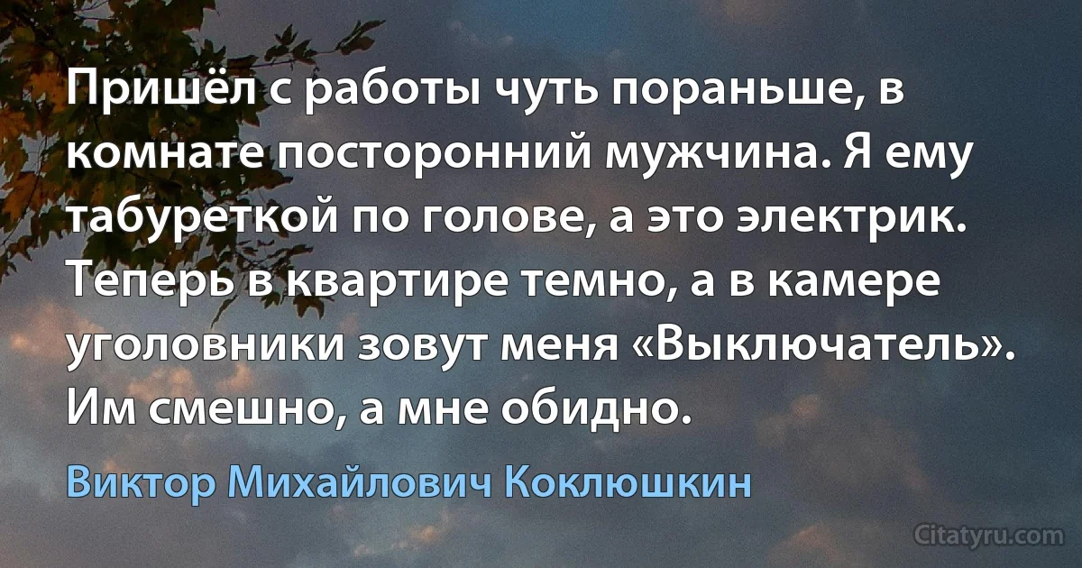 Пришёл с работы чуть пораньше, в комнате посторонний мужчина. Я ему табуреткой по голове, а это электрик. Теперь в квартире темно, а в камере уголовники зовут меня «Выключатель». Им смешно, а мне обидно. (Виктор Михайлович Коклюшкин)