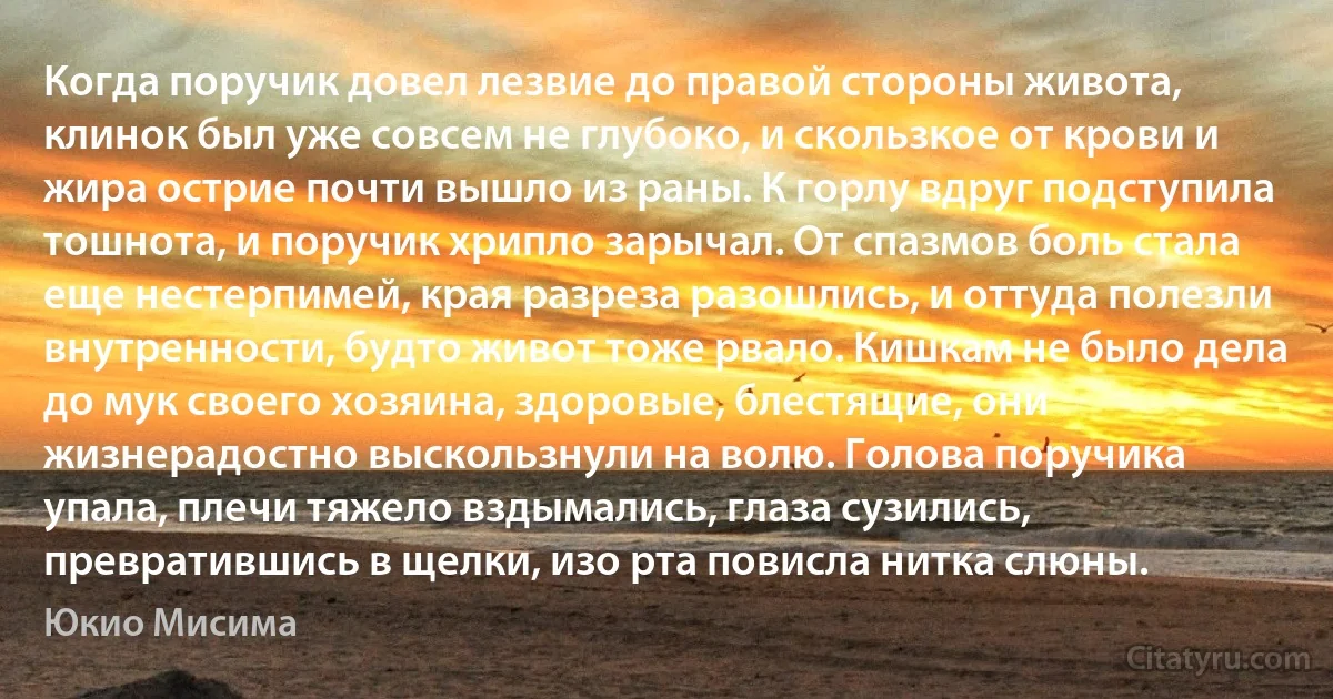 Когда поручик довел лезвие до правой стороны живота, клинок был уже совсем не глубоко, и скользкое от крови и жира острие почти вышло из раны. К горлу вдруг подступила тошнота, и поручик хрипло зарычал. От спазмов боль стала еще нестерпимей, края разреза разошлись, и оттуда полезли внутренности, будто живот тоже рвало. Кишкам не было дела до мук своего хозяина, здоровые, блестящие, они жизнерадостно выскользнули на волю. Голова поручика упала, плечи тяжело вздымались, глаза сузились, превратившись в щелки, изо рта повисла нитка слюны. (Юкио Мисима)