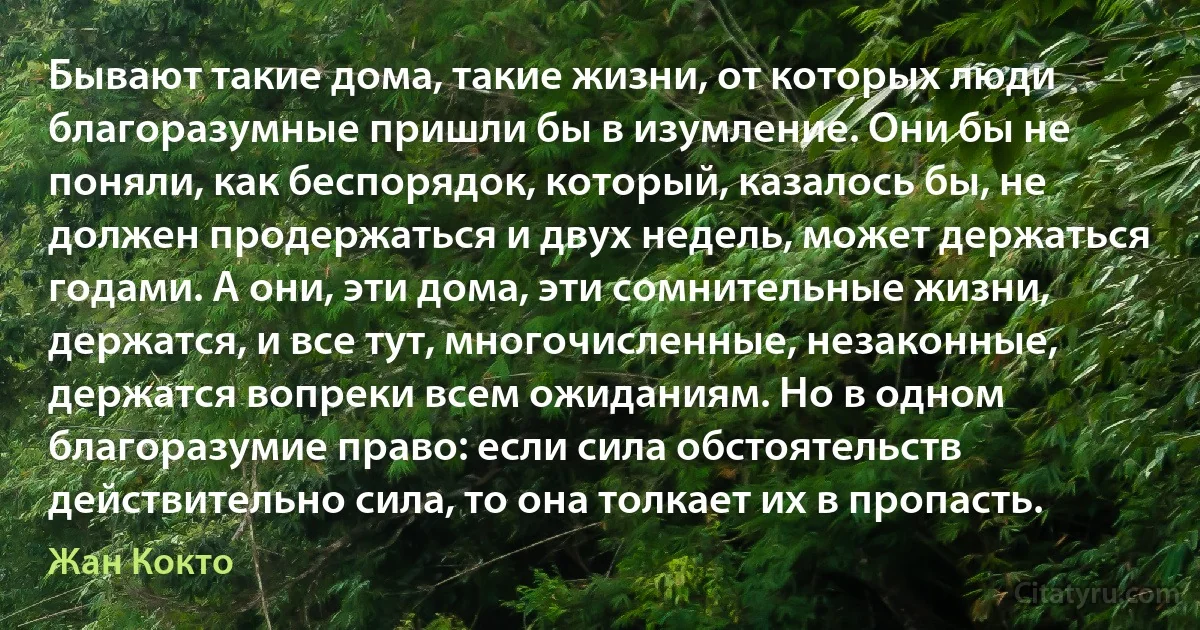 Бывают такие дома, такие жизни, от которых люди благоразумные пришли бы в изумление. Они бы не поняли, как беспорядок, который, казалось бы, не должен продержаться и двух недель, может держаться годами. А они, эти дома, эти сомнительные жизни, держатся, и все тут, многочисленные, незаконные, держатся вопреки всем ожиданиям. Но в одном благоразумие право: если сила обстоятельств действительно сила, то она толкает их в пропасть. (Жан Кокто)