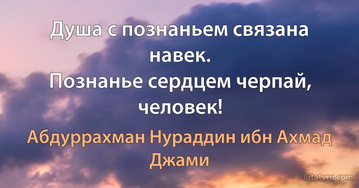 Душа с познаньем связана навек.
Познанье сердцем черпай, человек! (Абдуррахман Нураддин ибн Ахмад Джами)