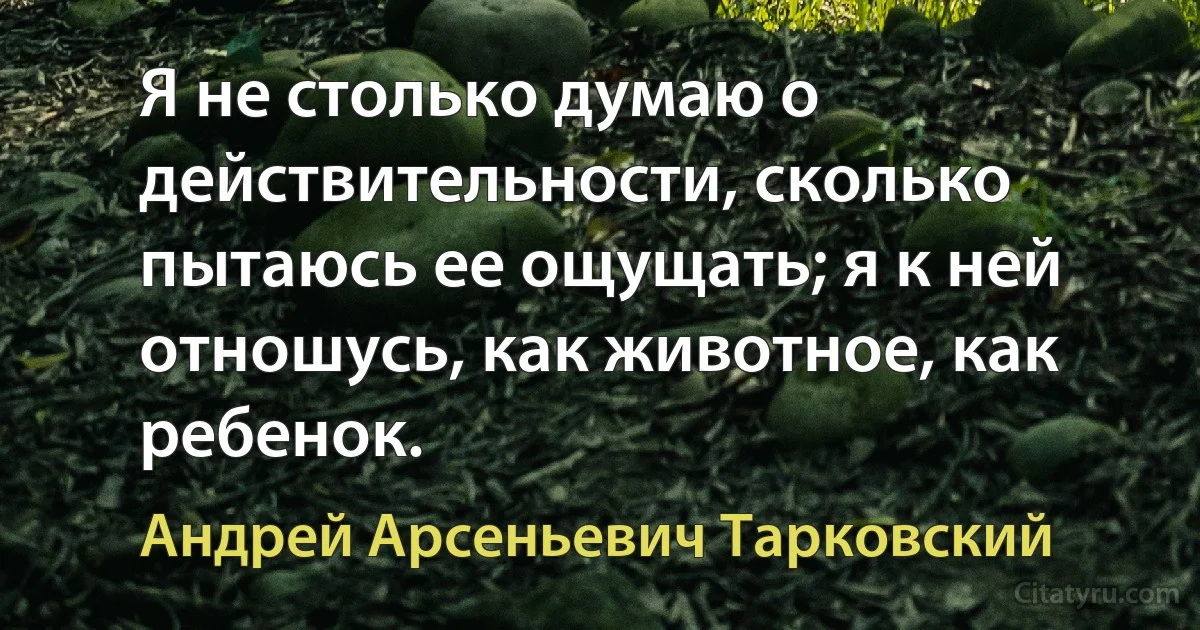 Я не столько думаю о действительности, сколько пытаюсь ее ощущать; я к ней отношусь, как животное, как ребенок. (Андрей Арсеньевич Тарковский)