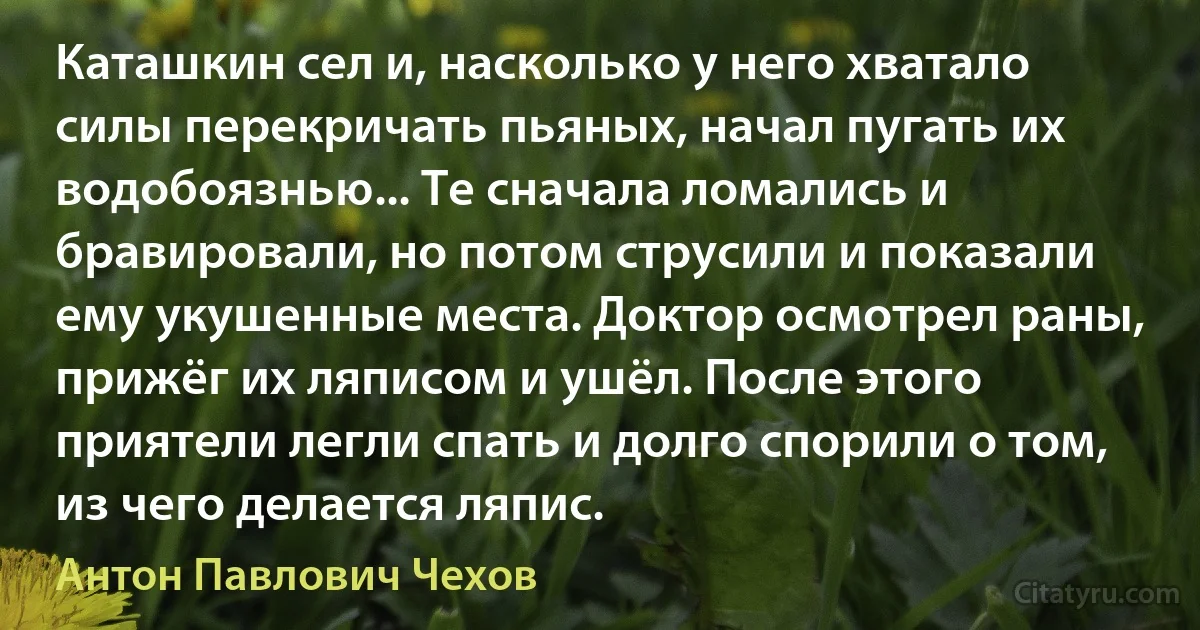 Каташкин сел и, насколько у него хватало силы перекричать пьяных, начал пугать их водобоязнью... Те сначала ломались и бравировали, но потом струсили и показали ему укушенные места. Доктор осмотрел раны, прижёг их ляписом и ушёл. После этого приятели легли спать и долго спорили о том, из чего делается ляпис. (Антон Павлович Чехов)