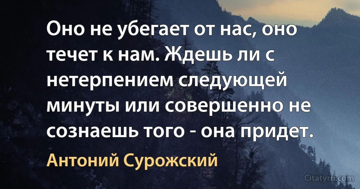 Оно не убегает от нас, оно течет к нам. Ждешь ли с нетерпением следующей минуты или совершенно не сознаешь того - она придет. (Антоний Сурожский)