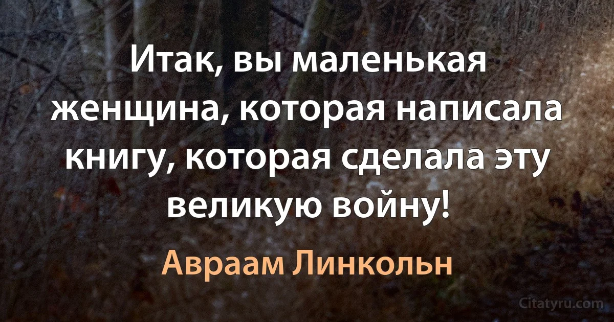 Итак, вы маленькая женщина, которая написала книгу, которая сделала эту великую войну! (Авраам Линкольн)