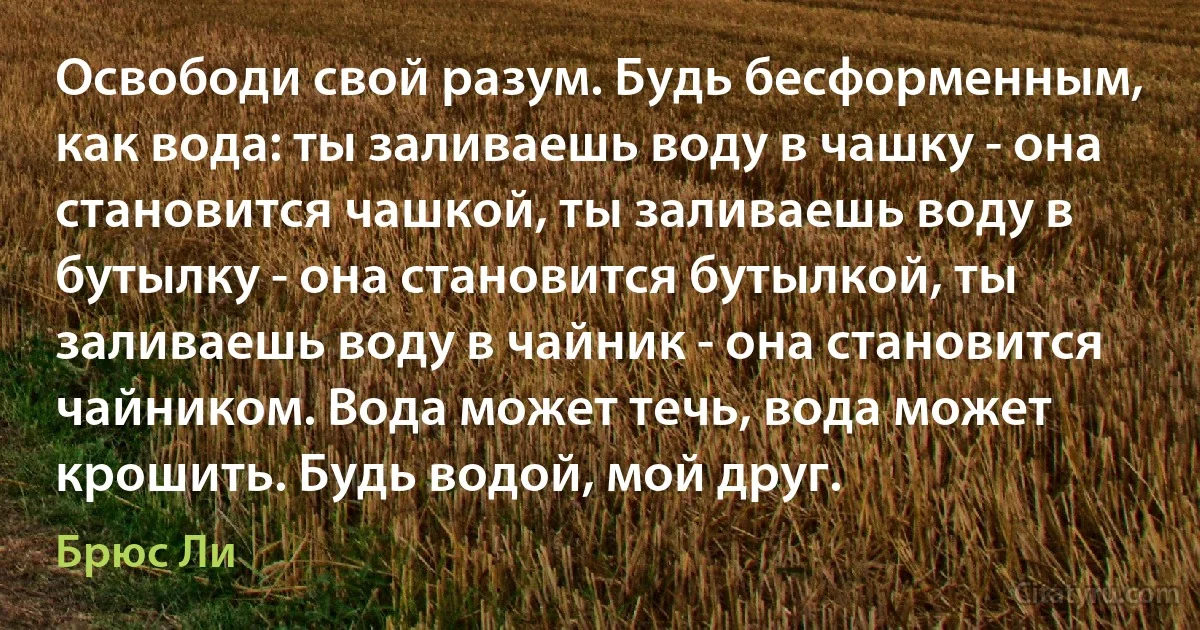 Освободи свой разум. Будь бесформенным, как вода: ты заливаешь воду в чашку - она становится чашкой, ты заливаешь воду в бутылку - она становится бутылкой, ты заливаешь воду в чайник - она становится чайником. Вода может течь, вода может крошить. Будь водой, мой друг. (Брюс Ли)