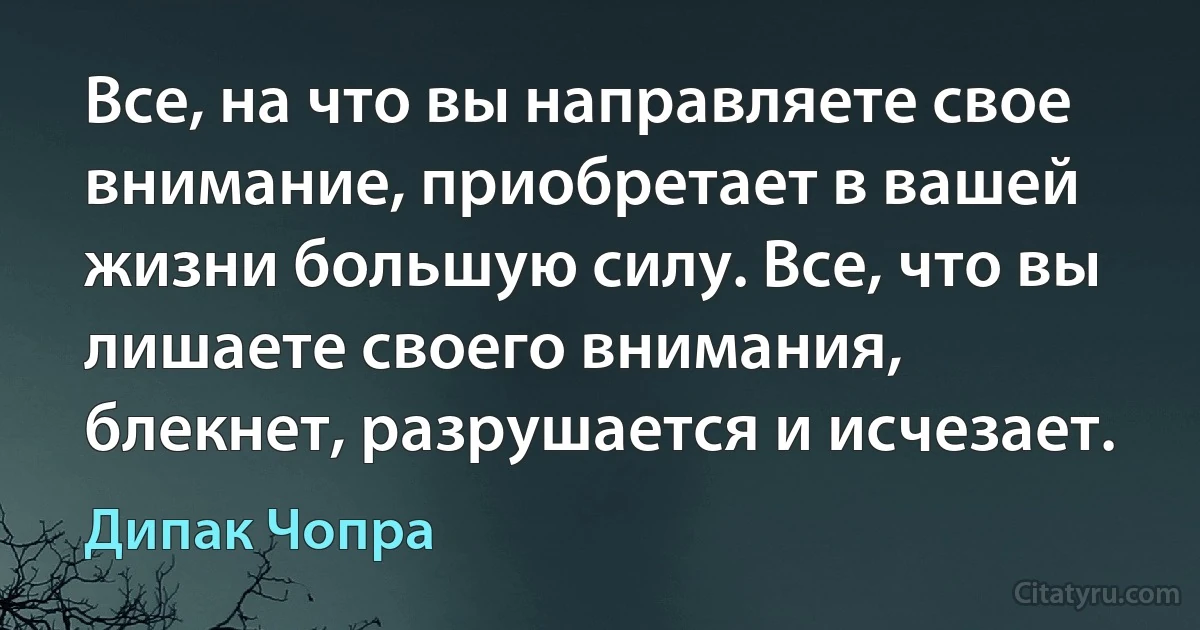 Все, на что вы направляете свое внимание, приобретает в вашей жизни большую силу. Все, что вы лишаете своего внимания, блекнет, разрушается и исчезает. (Дипак Чопра)