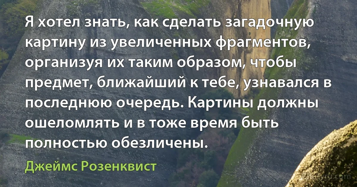 Я хотел знать, как сделать загадочную картину из увеличенных фрагментов, организуя их таким образом, чтобы предмет, ближайший к тебе, узнавался в последнюю очередь. Картины должны ошеломлять и в тоже время быть полностью обезличены. (Джеймс Розенквист)